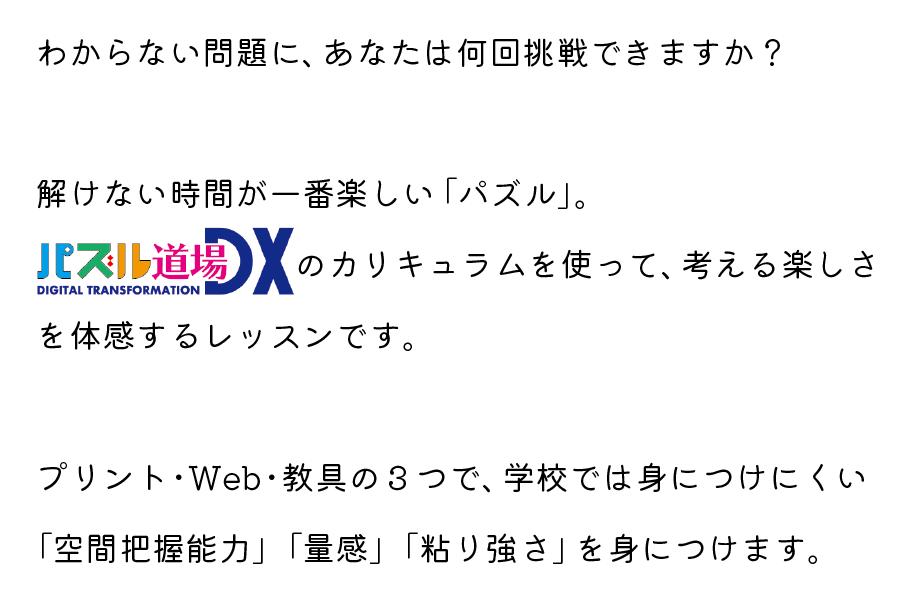 分からない問題にあなたは何回挑戦できますか？
解けない時間が一番楽しい「パズル」
パズル道場DXのカリキュラムを使って、考える楽しさを体感するレッスンです。
プリント・Web・教具の３つで、学校ではみにつけにくい「空間把握能力」「量感」「粘り強さ」を身に着けます。